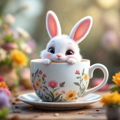 The primary subject of the image is a small white bunny rabbit sitting inside a white cup. The cup is placed on a wooden table, which serves as the setting for the scene. The visual style of the image is a combination of photo and digital art, creating a unique and charming illustration. The dominant colors in the image are white and pink, giving the scene a warm and inviting atmosphere.